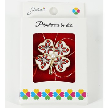 Martisoare Brosa Primavara - Martisor Brosa Mica in Cutie, Dimensiune Brosa 2.5-3 cm, Material Metal, Model Trifoi Traditional 2