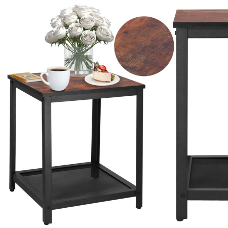 Masa de cafea patrata, noptiera cu cadru otel si polita de depozitare, 45x45x55 cm, maro rustic [2]