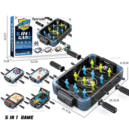 Masa de Joc 5in1 , cu Teren Schimbabil de Fotbal, Basket, Bowling, Curling si Hockey, cu Tablou Scor, din ABS, 36.5x22.5x6.6 cm, Design Multicolor, pentru Copii/ Adulti [1]