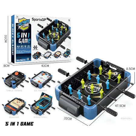 Masa de Joc 5in1 , cu Teren Schimbabil de Fotbal, Basket, Bowling, Curling si Hockey, cu Tablou Scor, din ABS, 47.5x32x8.5 cm, Design Multicolor, pentru Copii/ Adulti [1]