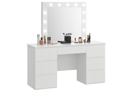 Masa de toaleta si machiaj, cu oglinda LED si 7 sertare, 132x43x152 cm, alb [4]
