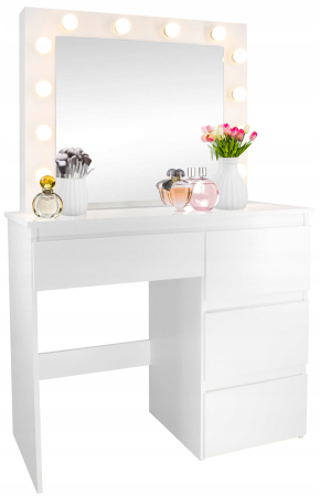 Masa de toaleta si machiaj Hollywood Pro, alba, cu 4 sertare, oglinda si 12 LED-uri, 90x40x140 cm [4]