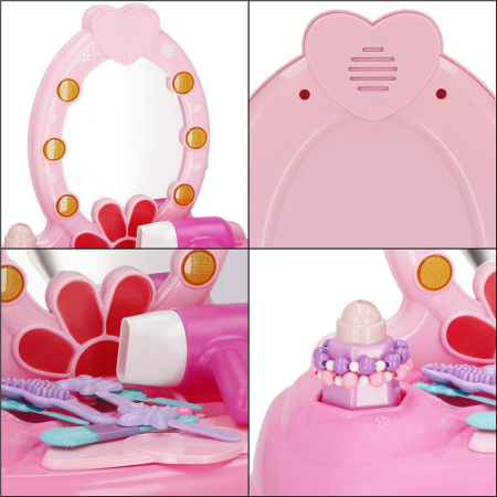 Masa toaleta pentru copii, cu taburet, 19 accesorii joaca, din plastic, 37x20x60 cm, roz [9]