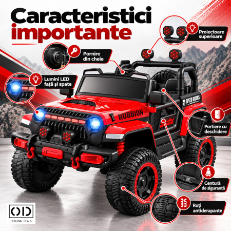Masina Electrica pentru Copii, , Off-Road, Conectare Bluetooth, telecomanda, Tractiune Spate, Lumina Intermitenta, Baterie 12V 7Ah, 120 x 63 x 68cm, Rosu [2]