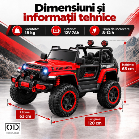 Masina Electrica pentru Copii, , Off-Road, Conectare Bluetooth, telecomanda, Tractiune Spate, Lumina Intermitenta, Baterie 12V 7Ah, 120 x 63 x 68cm, Rosu [4]