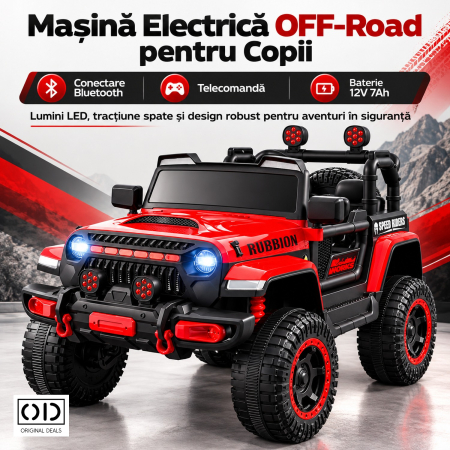 Masina Electrica pentru Copii, , Off-Road, Conectare Bluetooth, telecomanda, Tractiune Spate, Lumina Intermitenta, Baterie 12V 7Ah, 120 x 63 x 68cm, Rosu