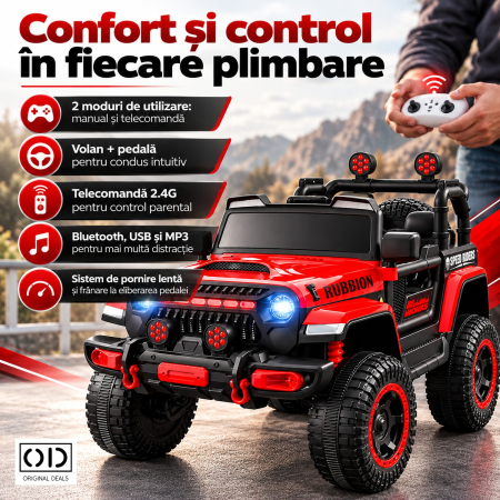 Masina Electrica pentru Copii, , Off-Road, Conectare Bluetooth, telecomanda, Tractiune Spate, Lumina Intermitenta, Baterie 12V 7Ah, 120 x 63 x 68cm, Rosu [5]