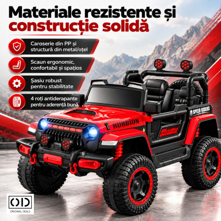 Masina Electrica pentru Copii, , Off-Road, Conectare Bluetooth, telecomanda, Tractiune Spate, Lumina Intermitenta, Baterie 12V 7Ah, 120 x 63 x 68cm, Rosu [3]