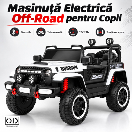 ✨TOATE PRODUSELE✨ - Masina Electrica pentru Copii, , Off-Road, Conectare Bluetooth, telecomanda, Tractiune Spate, Lumina Intermitenta, Baterie 12V 7Ah, 120 x 63 x 68cm, Alb