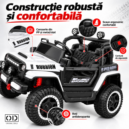 Masina Electrica pentru Copii, , Off-Road, Conectare Bluetooth, telecomanda, Tractiune Spate, Lumina Intermitenta, Baterie 12V 7Ah, 120 x 63 x 68cm, Alb [3]