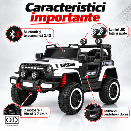 Masina Electrica pentru Copii, , Off-Road, Conectare Bluetooth, telecomanda, Tractiune Spate, Lumina Intermitenta, Baterie 12V 7Ah, 120 x 63 x 68cm, Alb [2]
