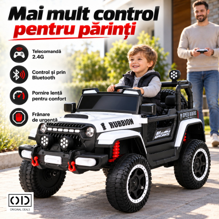Masina Electrica pentru Copii, , Off-Road, Conectare Bluetooth, telecomanda, Tractiune Spate, Lumina Intermitenta, Baterie 12V 7Ah, 120 x 63 x 68cm, Alb [5]