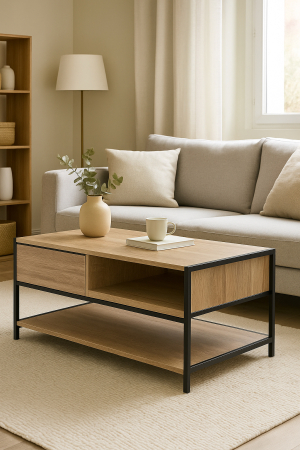 Masuta cafea 5Five Aliaj cu design rectangular, finisaj stejar, 100x40x50 cm, bej [5]