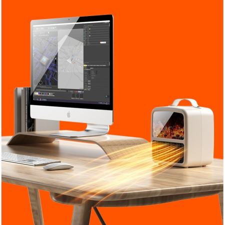 Mini Aeroterma Portabila, , Display LCD, Flacara Tip Semineu, 1500W, 2 Trepte, Oprire Automata, 22 x 22 x 15 cm, Alb [1]