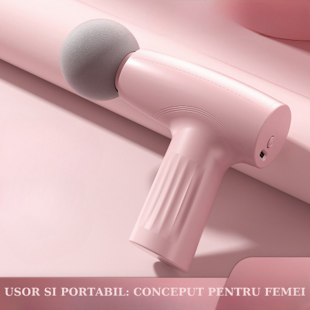 Mini Aparat de Masaj, , Tip Pistol, Incarcare USB Tip C, Portabil, Pentru Relaxare Musculara, Autonomie 120 Min, 3 Trepte de Viteza, Roz [4]