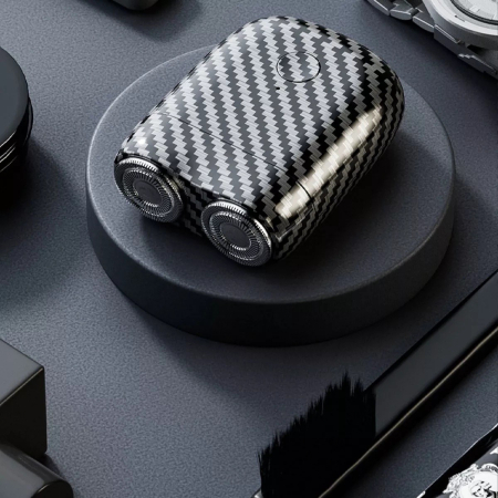 Mini Aparat de Ras Electric, , din ABS cu Fibra de Carbon, Portabil, Cap Rotativ Detasabil cu 2 Lame de Otel, Rezistent la Apa, Incarcare Type-C, Autonomie 45 min, Alb/Negru [2]