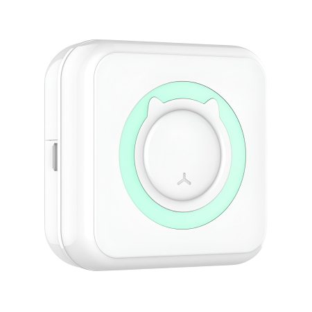 ✨TOATE PRODUSELE✨ - Mini Imprimanta Foto Portabila, , 5 Role de Hartie Termica, 5 Role Autocolante, 3 Role Colorate, Pixuri, Incarcare USB, Model Pisica, Alb Verde