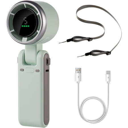 Mini Ventilator Portabil, , 5 Trepte de Viteza, Afisaj Digital, Incarcare USB, 5V, 2A, 5.95 x 5.2 x 17.2 cm, Verde [1]