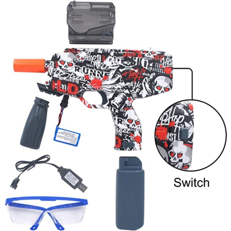Mitraliera de jucarie electrica cu bile de hidrogen de gel, gun bluster, tragere in rafala, varsta peste 6 ani, ochelari de protectie, 5000 de bile incluse, cablu de incarcare, 40.1 x 31.6 cm, Mp9, rosu [2]