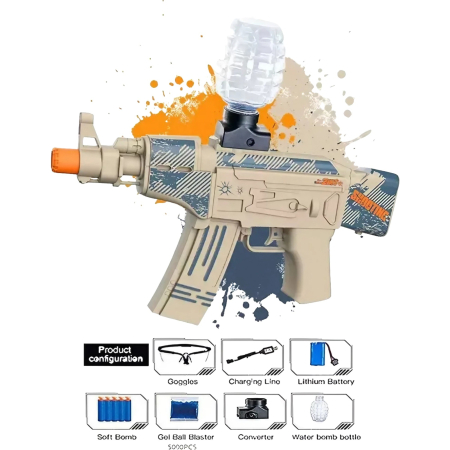 Mitraliera de jucarie electrica cu bile de hidrogen de gel, gun bluster, tragere in rafala, varsta peste 6 ani, ochelari de protectie, 5000 de bile incluse, cablu de incarcare, 28x31 cm, AK47, crem [1]