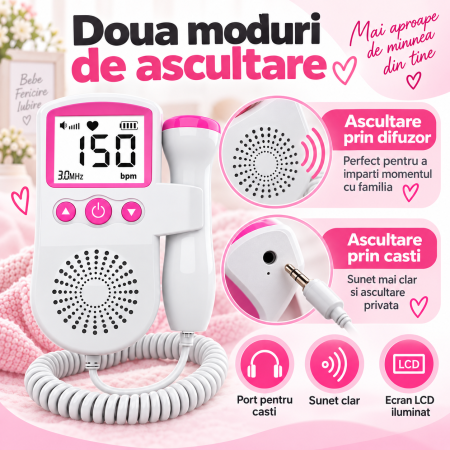 Difuzor integrat si port pentru casti la monitorul fetal Doppler
