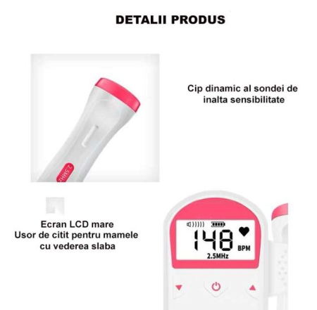 Monitor Fetal Doppler ORIGINAL DEALS, Ecran LCD 4.5 cm, Sonda 3 MHz, Portabil, 2 x AA Neincluse [12]