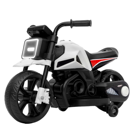 ✨TOATE PRODUSELE✨ - Motocicleta Electrica cu 2 Roti Mari si 2 Roti Ajutatoare, , Acumulator Incarcare, Anti-Rasturnare, Lumini, Muzica, Motor:380, Baterie 6V4.5, 41.5x70x34 cm, 4.5 Kg, 3 Ani+, Alb Negru