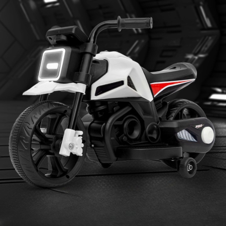 Motocicleta Electrica cu 2 Roti Mari si 2 Roti Ajutatoare, , Acumulator Incarcare, Anti-Rasturnare, Lumini, Muzica, Motor:380, Baterie 6V4.5, 41.5x70x34 cm, 4.5 Kg, 3 Ani+, Alb Negru [7]