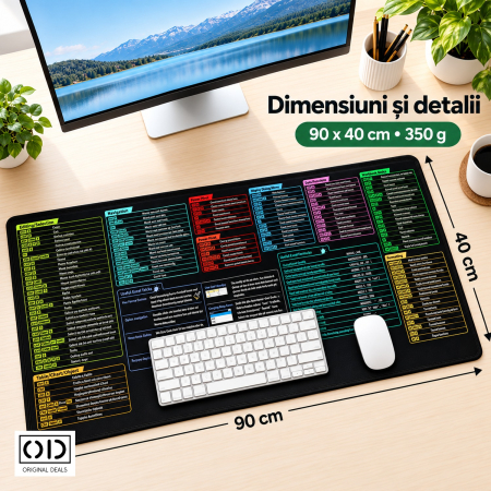 Mousepad XL Negru 90 x 40 cm cu Formule si Scurtaturi Excel, Suport pentru Tastatura si Mouse, ORIGINAL DEALS [3]