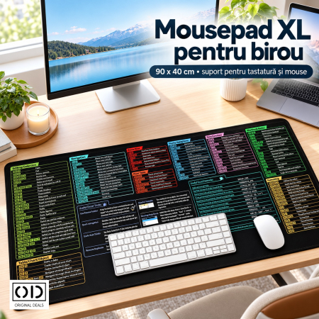 PC, Periferice & Software - Mousepad XL Negru 90 x 40 cm cu Formule si Scurtaturi Excel, Suport pentru Tastatura si Mouse, ORIGINAL DEALS