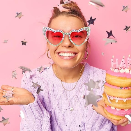 Ochelari Decorativi, , Model Birthday Queen, cu Diamante, pentru Aniversari, din PC, 15.3 x 5.7 x 14.5 cm, Roz [2]