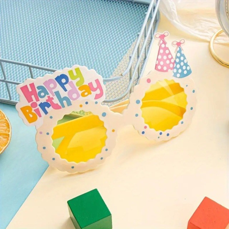 Ochelari Decorativi, , pentru Petrecere, din ABS, Unisex, Model Happy Birthday, 13.5 x 8.5 cm, Bej cu Lentile Galbene [1]