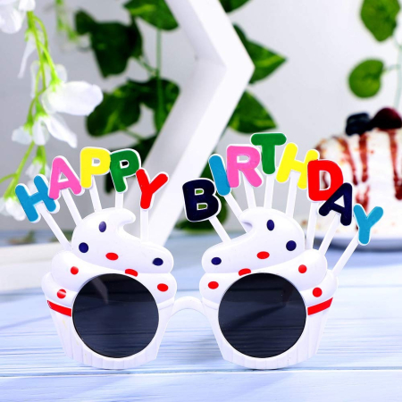 Ochelari Happy Birthday, , Tematica Aniversare, Protectie Soare, din Plastic, Model Prajiturele, 18.5x11.5 cm, Alb [4]