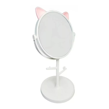 Oglina Cosmetica cu Picior, , HD, Rotire 360 Grade, 15 cm Diametru, Suport Bijuterii Baza Rotunda + 2 Brate, Model cu Urechi, 31 x 14.5 x 15 cm, din Plastic, Alb [4]