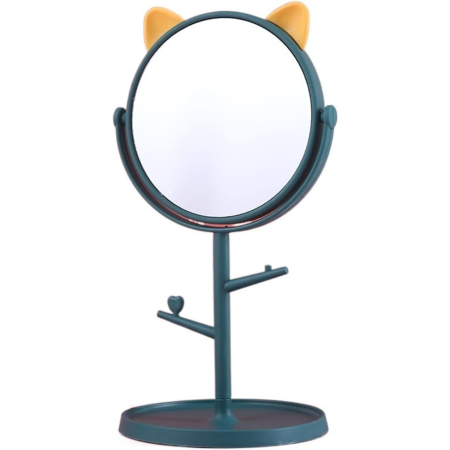 Accesorii Machiaj si Trimmere - Oglina Cosmetica cu Picior, , HD, Rotire 360 Grade, 15 cm Diametru, Suport Bijuterii Baza Rotunda + 2 Brate, Model cu Urechi, 31 x 14.5 x 15 cm, din Plastic, Albastru/Galben