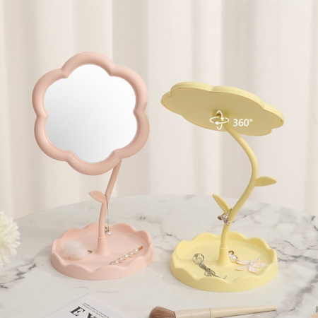 Oglindă de Machiaj pentru Birou, , Rotativă, Detasabilă, Model de Floarea Soarelui, Suport pentru Inele, cu Depozitare, Galbena [2]