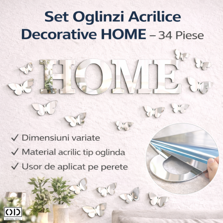 Oglinzi Acrilice & Accesorii Decorative - Oglinda Decorativa Text HOME cu Fluturasi Set 34 Bucati – ORIGINAL DEALS