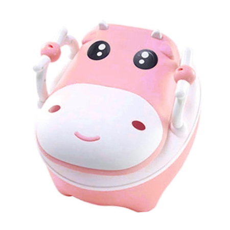 Articole pentru baie - Olita pentru Copii, , +1an, Portabila, Design Vacuta cu Capac, Model Prietenos, Non-Toxic, cu Manere, Compartiment Detasabil, Perie Inclusa, Usor de Curatat, Roz