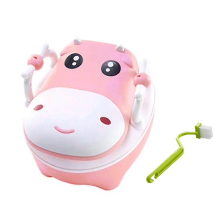 Olita pentru Copii, , +1an, Portabila, Design Vacuta cu Capac, Model Prietenos, Non-Toxic, cu Manere, Compartiment Detasabil, Perie Inclusa, Usor de Curatat, Roz [4]