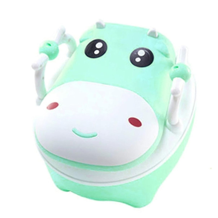 Articole pentru baie - Olita pentru Copii, , +1an, Portabila, Design Vacuta cu Capac, Model Prietenos, Non-Toxic, cu Manere, Compartiment Detasabil, Perie Inclusa, Usor de Curatat, Verde