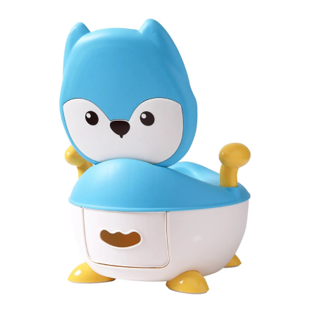 Olita pentru Copii, , +6 luni, Compartiment Detasabil, cu Capac, Antiderapanta, din Plastic, Colac Moale, Model Animat Vulpe, cu Maner, 34.5 x 35 x 23 cm, Albastru/Alb [2]