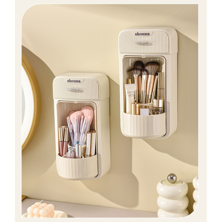 Organizator Baie, , 4 Compartimente si 1 Sertar, Rotire 360 Grade, din PP+PET, 27.5 x 16 x 11 cm, Crem [1]