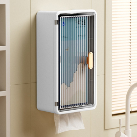 Organizator Cosmetice, , Montare pe Perete fara Perforare, 36.5x10.9x20 cm, din PP si ABS, Alb-Negru, Usa Transparenta [3]