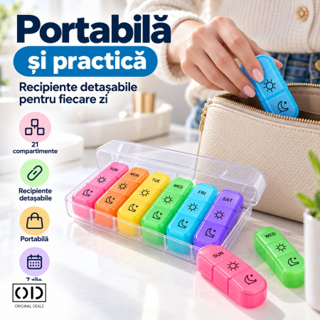 Organizator medicamente 7 zile, 21 compartimente colorate detasabile, cutie transparenta, ORIGINAL DEALS [1]