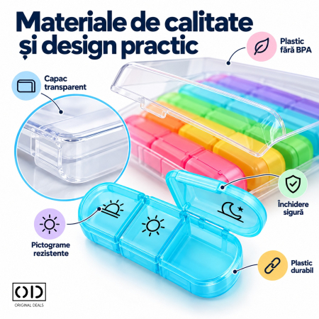 Organizator medicamente 7 zile, 21 compartimente colorate detasabile, cutie transparenta, ORIGINAL DEALS [3]
