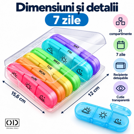 Organizator medicamente 7 zile, 21 compartimente colorate detasabile, cutie transparenta, ORIGINAL DEALS [4]