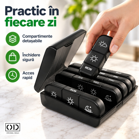 Organizator medicamente 7 zile, 21 compartimente, cutie suport neagra cu recipiente detasabile, ORIGINAL DEALS [5]