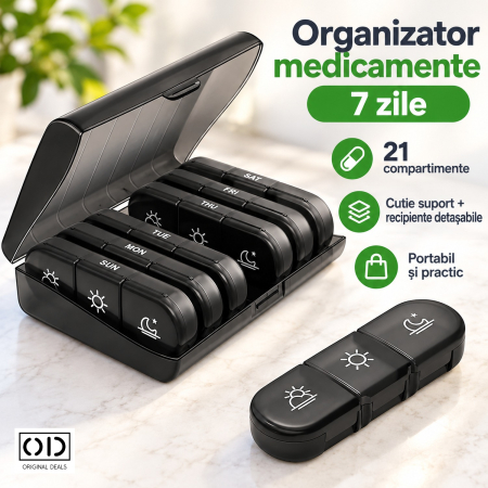 Cutii depozitare medicamente - Organizator medicamente 7 zile, 21 compartimente, cutie suport neagra cu recipiente detasabile, ORIGINAL DEALS