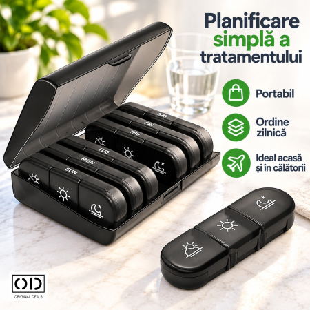 Organizator medicamente 7 zile, 21 compartimente, cutie suport neagra cu recipiente detasabile, ORIGINAL DEALS [6]