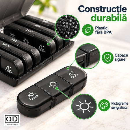 Organizator medicamente 7 zile, 21 compartimente, cutie suport neagra cu recipiente detasabile, ORIGINAL DEALS [3]
